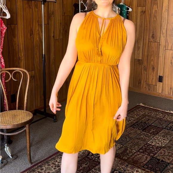 Silky Marigold Golden Yellow Flowy Dress with Tie Details - Picture 1 of 5